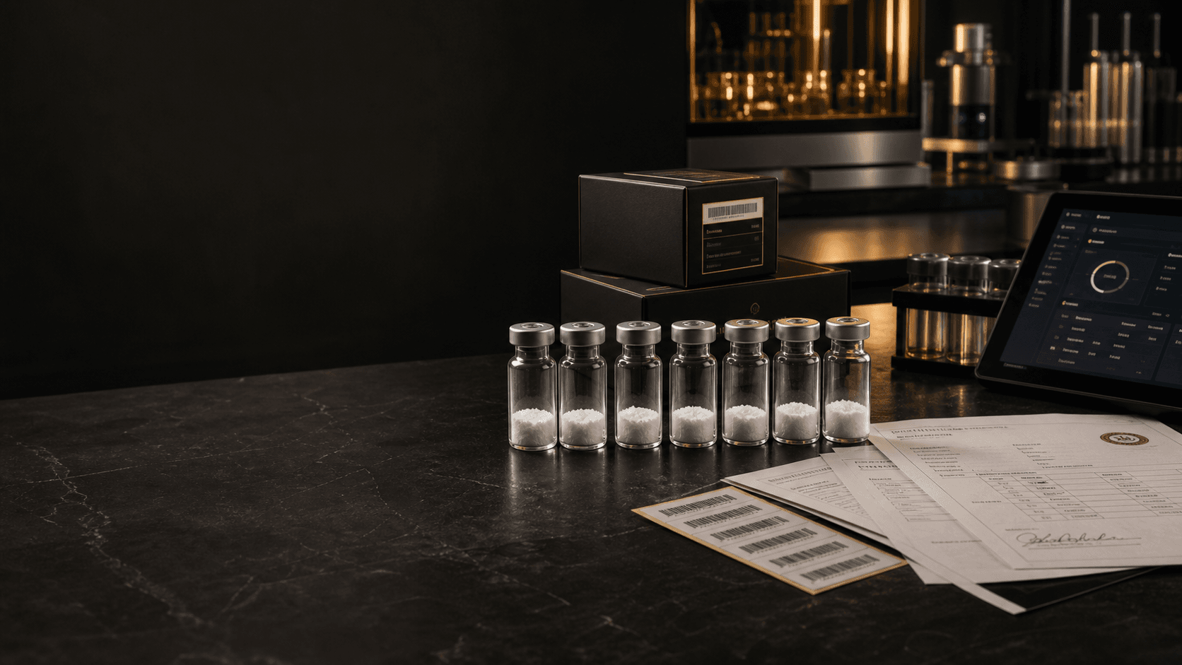 AEVUM laboratory automation bench with research vials, CoA paperwork, barcodes, and dashboard