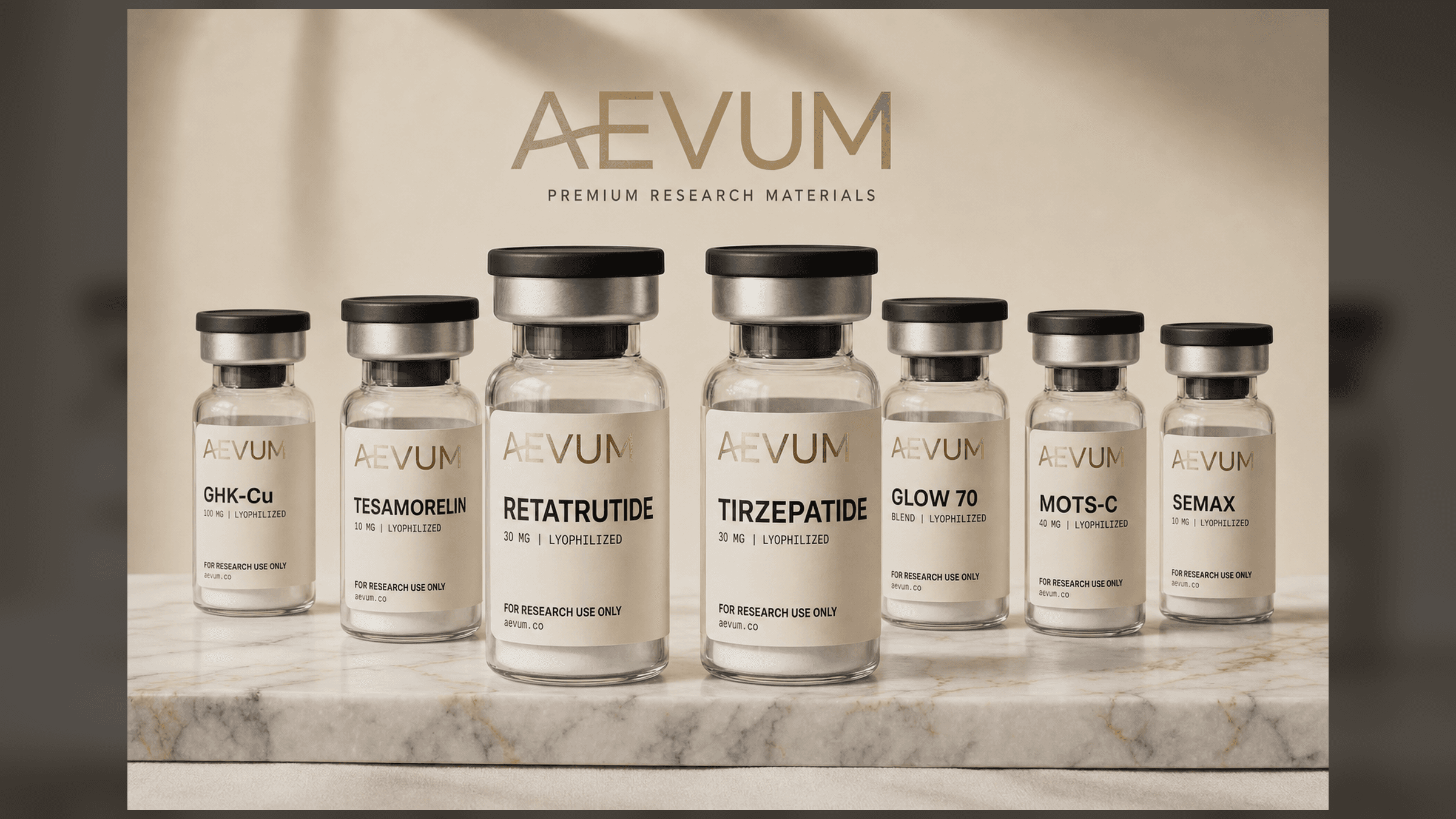 AEVUM research compound collection with Retatrutide and Tirzepatide centered